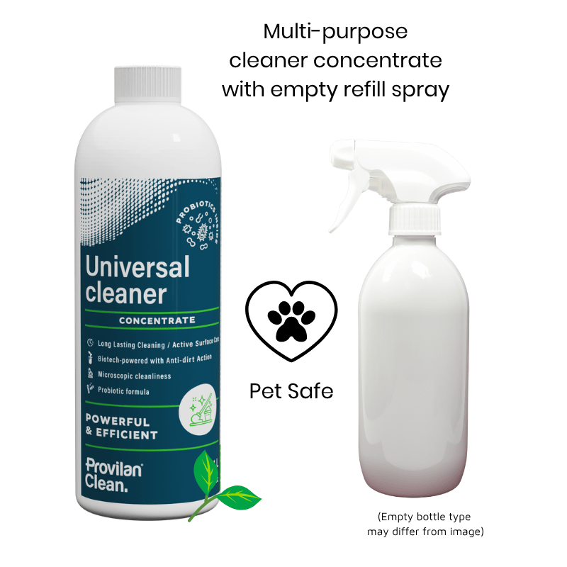 Probiotic universal cleaner concentrate with refill spray bottle for pet-safe multi-surface cleaning