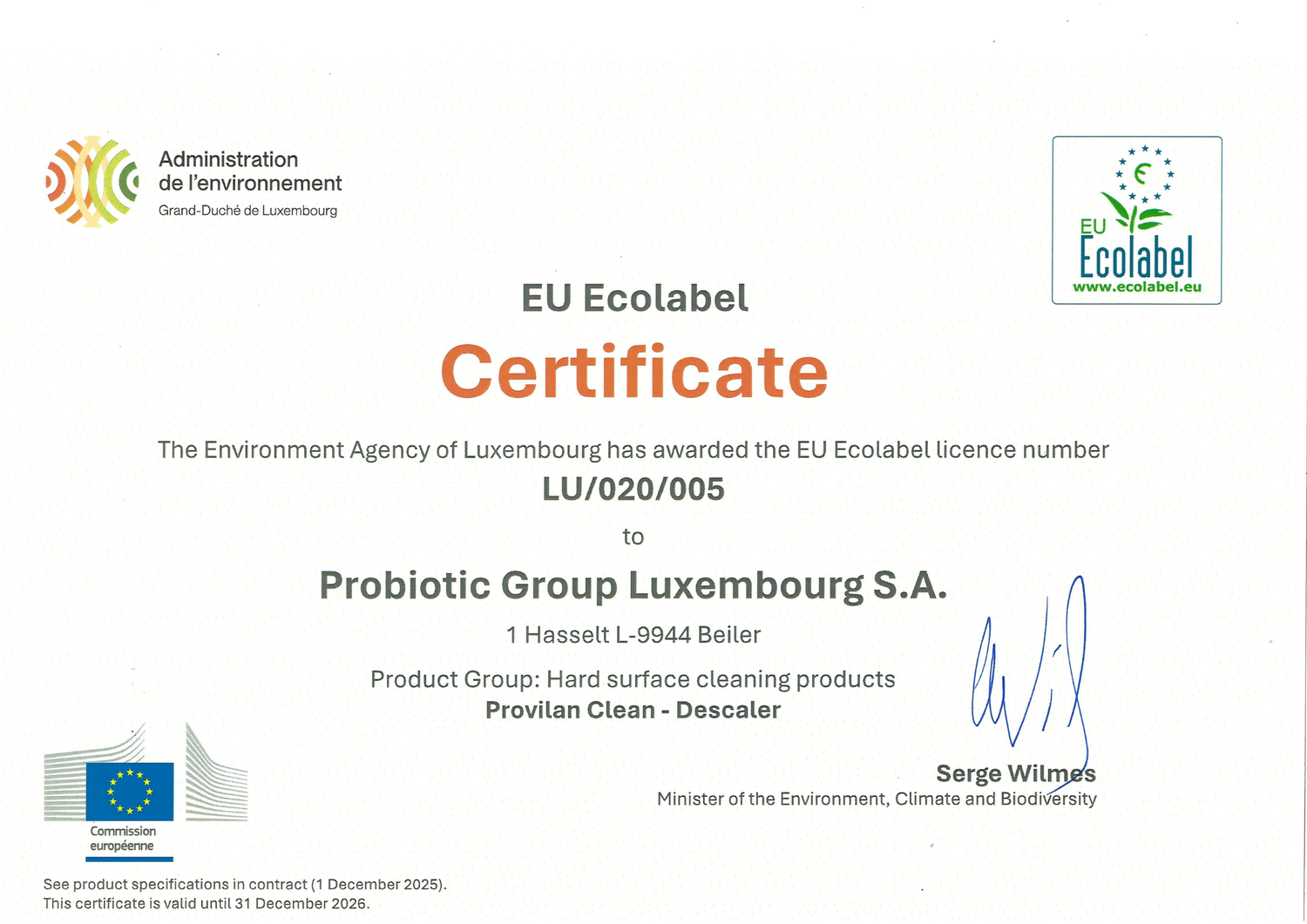 EU Ecolabel Provilan Clean Descaler certificate