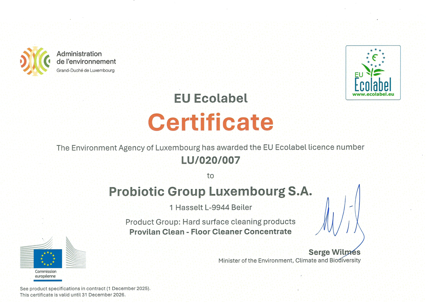 EU Ecolabel Provilan Clean Floor Cleaner certificate