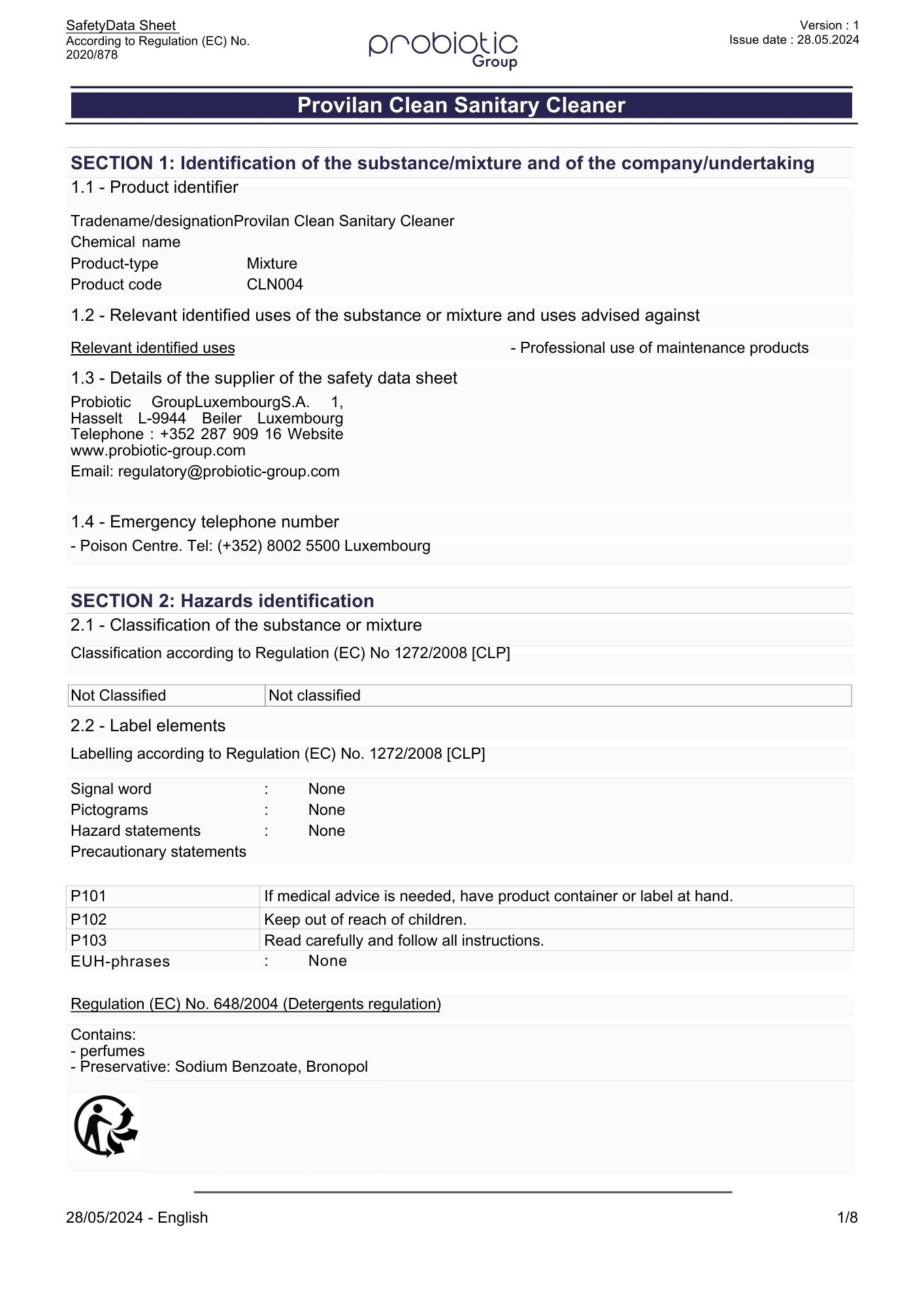 Provilan Clean Sanitary Cleaner Concentrate