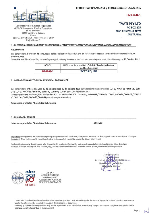 Tvati Pet Certificate of Analysis