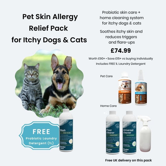 Probiotic pet skin allergy relief pack for itchy dogs and cats with pet-safe cleaning and care products