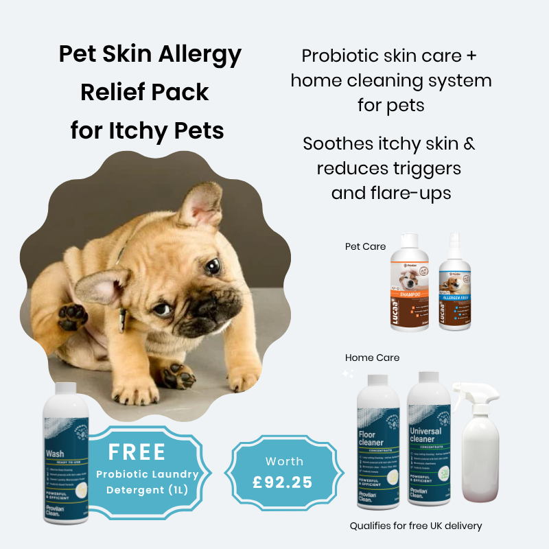 Probiotic pet skin allergy relief pack for itchy dogs and cats with pet-safe cleaning and care products
