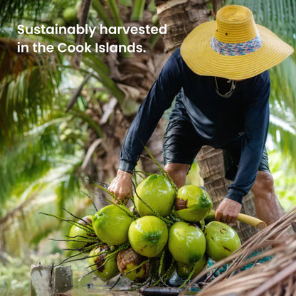 Hand-harvesting coconuts in the Cook Islands for organic coconut oil used in Tvati Pet
