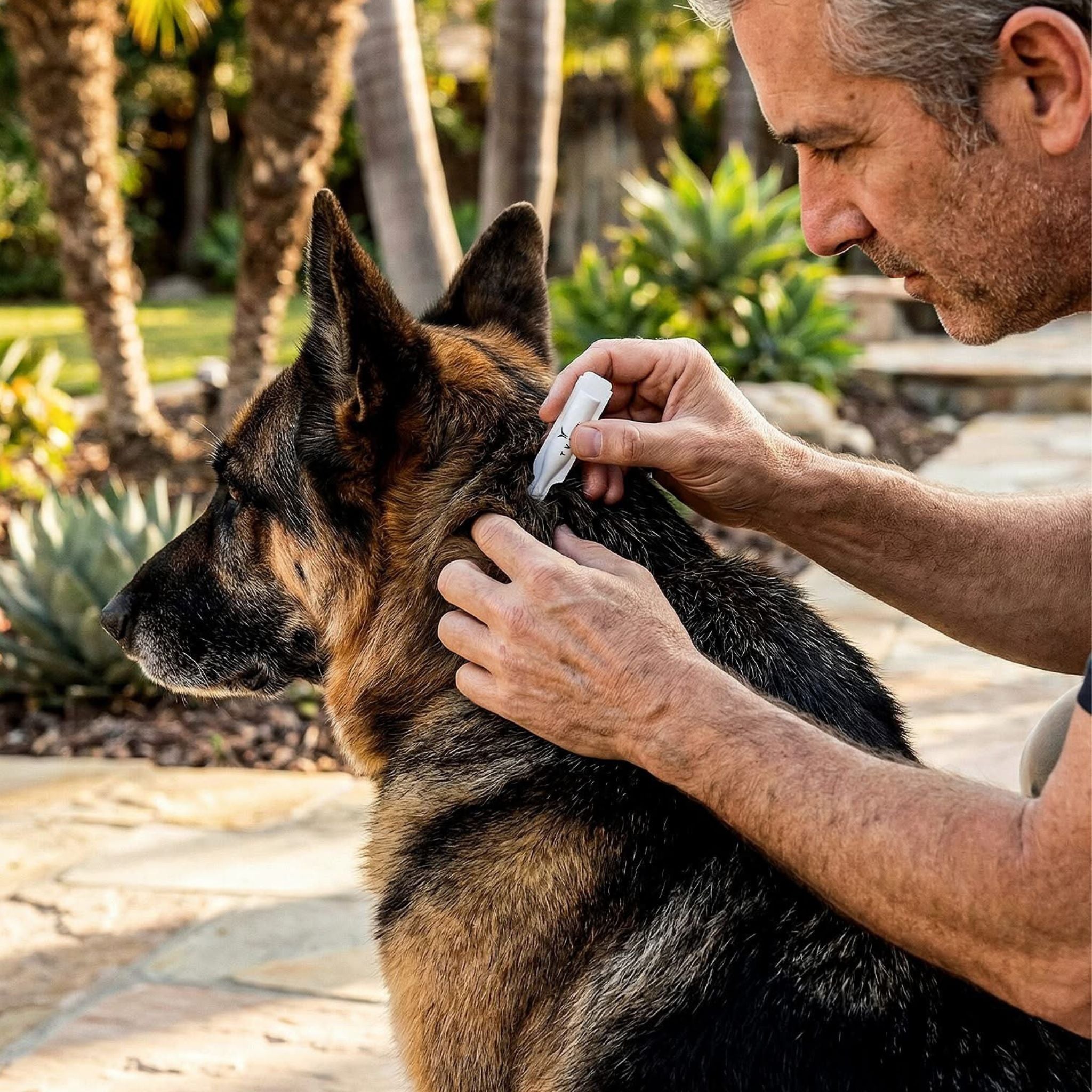Applying Tvati natural topical joint oil to the back of a dog’s neck