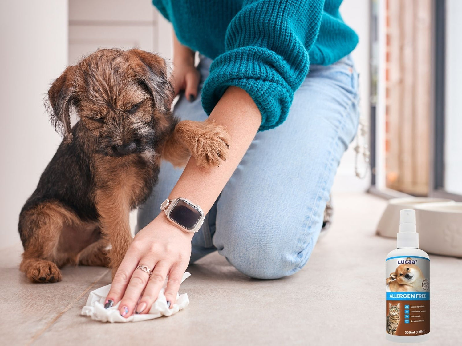 Person cleaning a home surface with a pet nearby, illustrating how topical probiotics work for both pet care and everyday cleaning