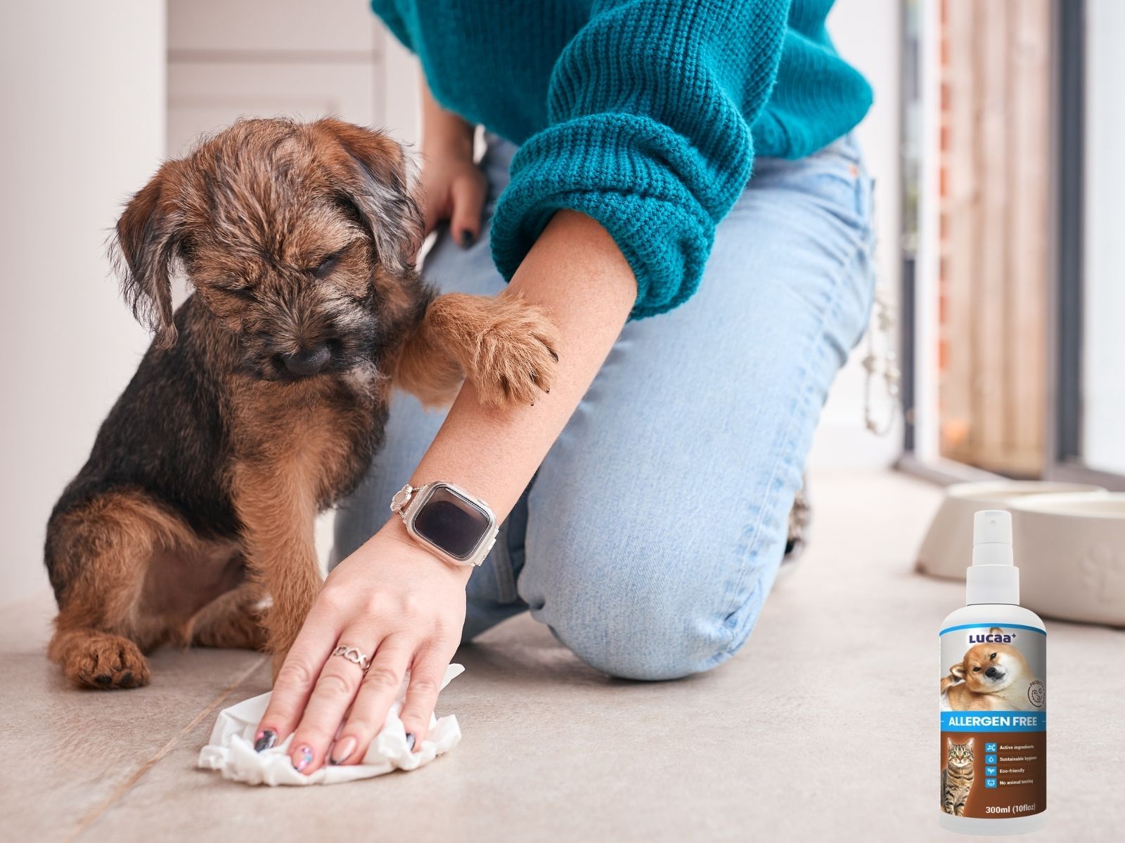 Person cleaning a home surface with a pet nearby, illustrating how topical probiotics work for both pet care and everyday cleaning