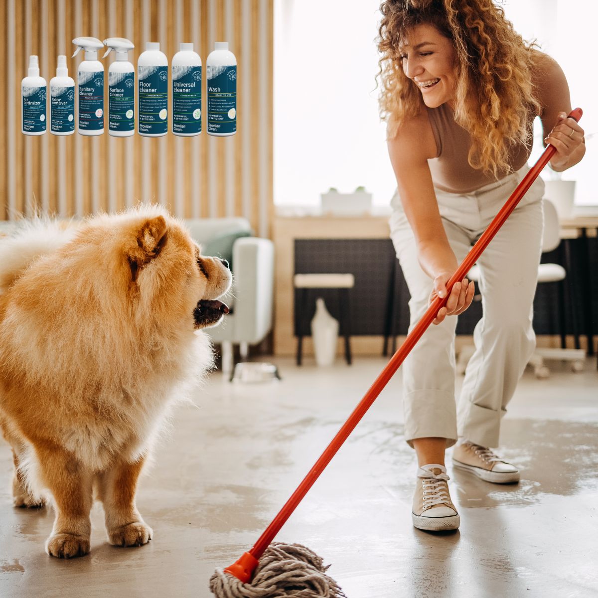 Woman mopping a floor with her dog nearby, showing how probiotics are used for everyday cleaning