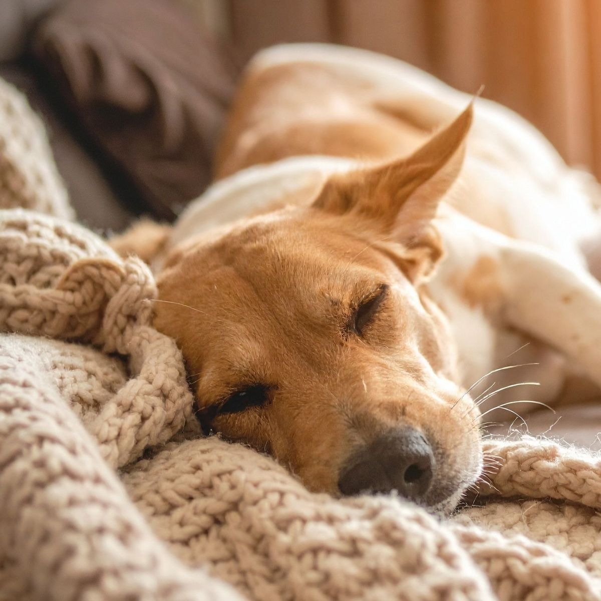 Dog sleeping on blankets, illustrating odour control for pet bedding and soft furnishings.
