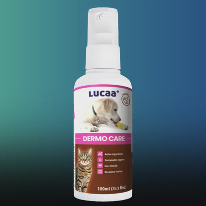 360 degree view of LUCAA+ Probiotic Dermo Care spray for dogs and cats