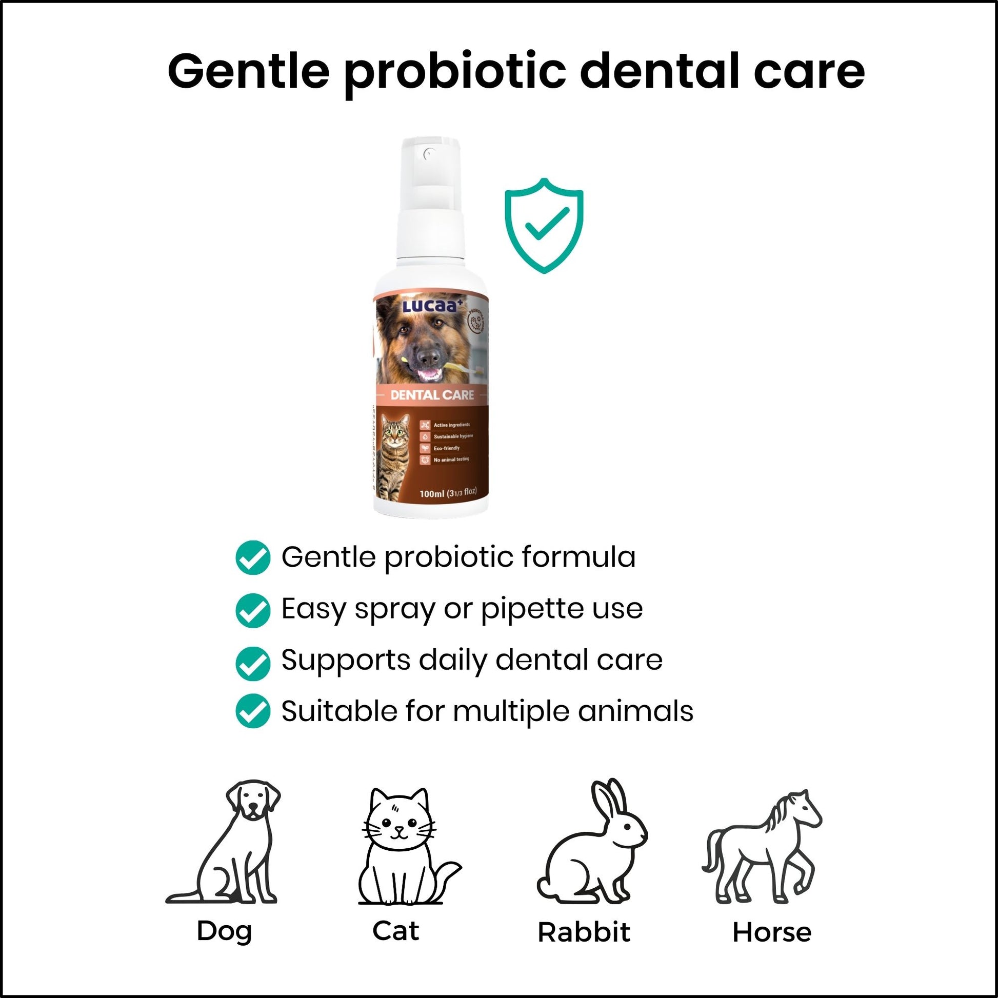 Probiotic dental care spray benefits showing gentle formula and suitability for dogs cats rabbits and horses