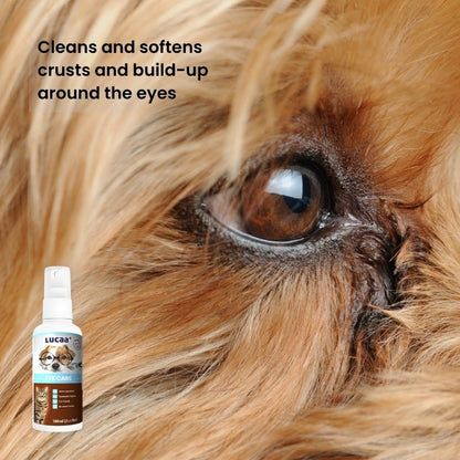 Dog eye close-up beside LUCAA+ Probiotic Eye Care spray for crust and build-up support