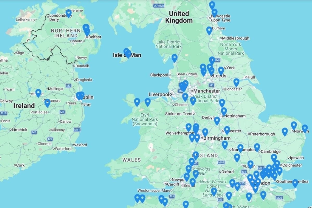 Ingenious Probiotics Map of the United Kingdom with various locations marked by blue pins.